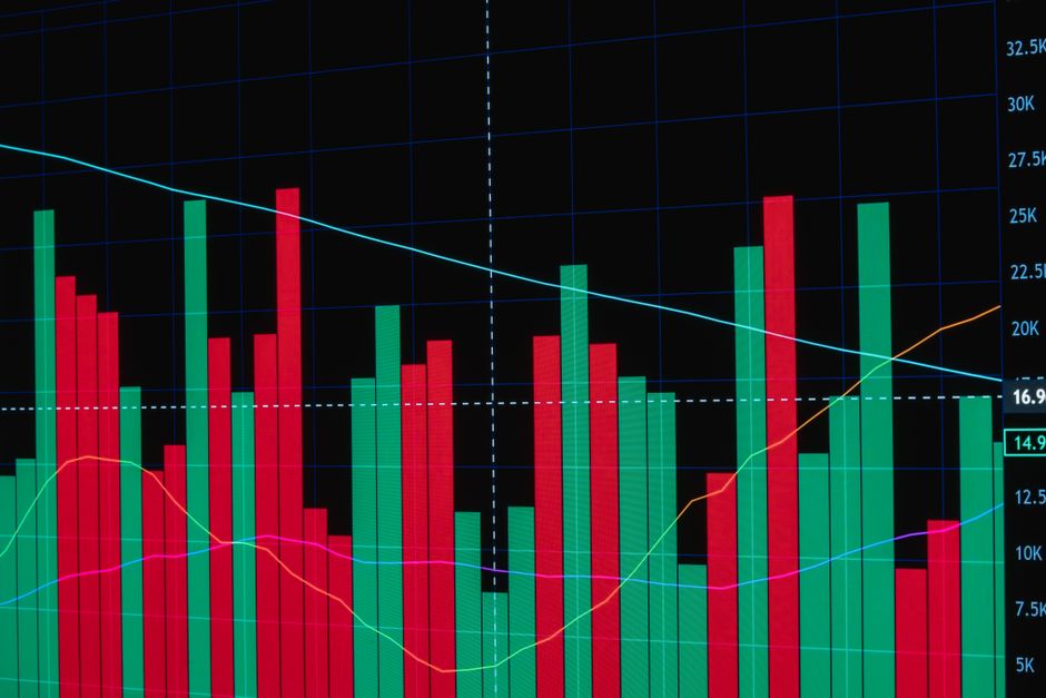Marketing Político — Red and green bar chart depicting fluctuating financial data with lines on a dark background.